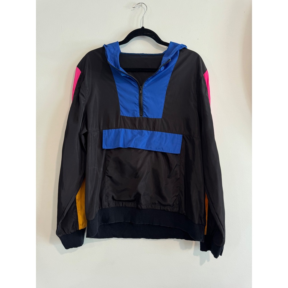 90s Retro Jacket NXS Colorblock Windbreaker Pullover Mens Medium Black Pink Blue